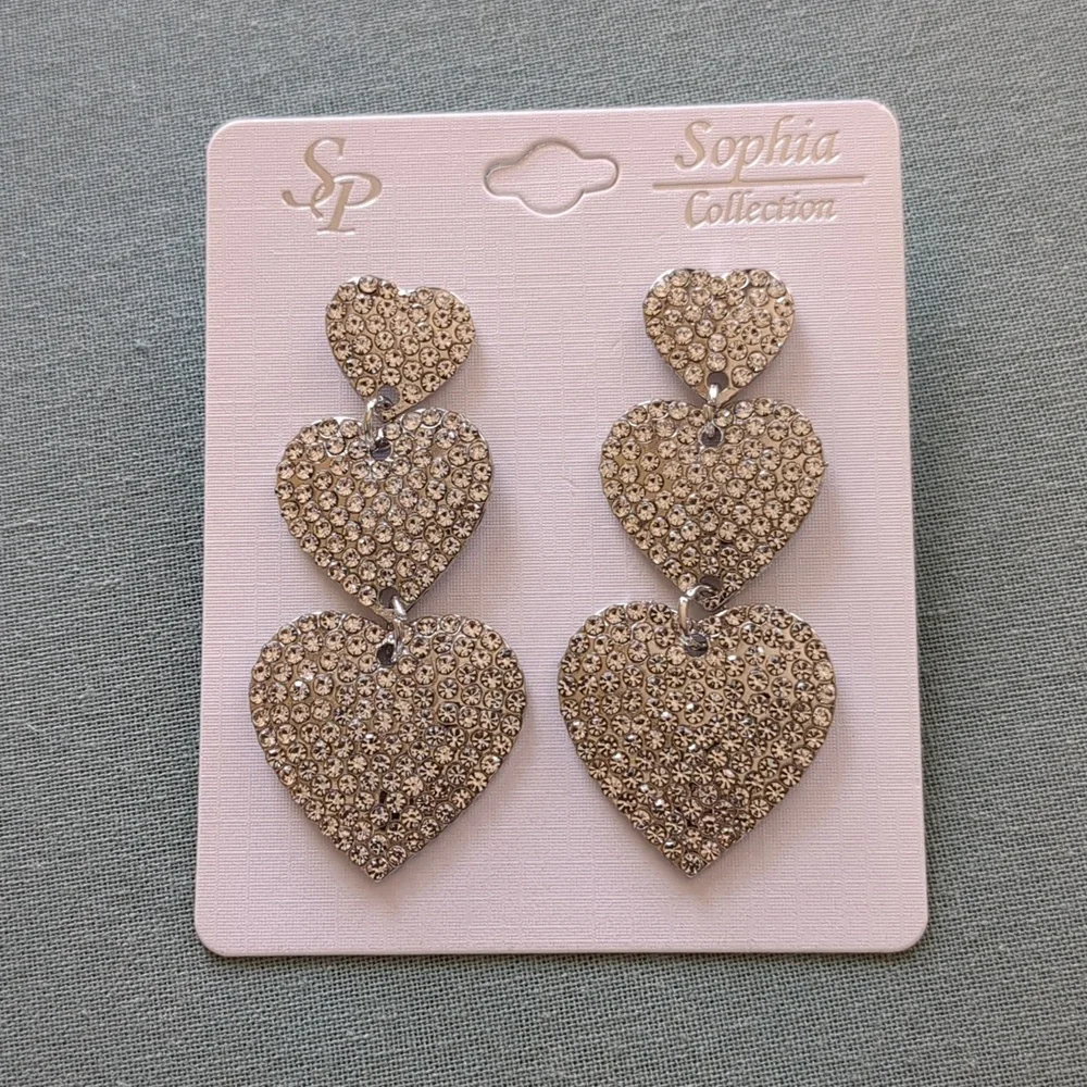 Dangle Silver Rhinestone Triple Heart Earrings